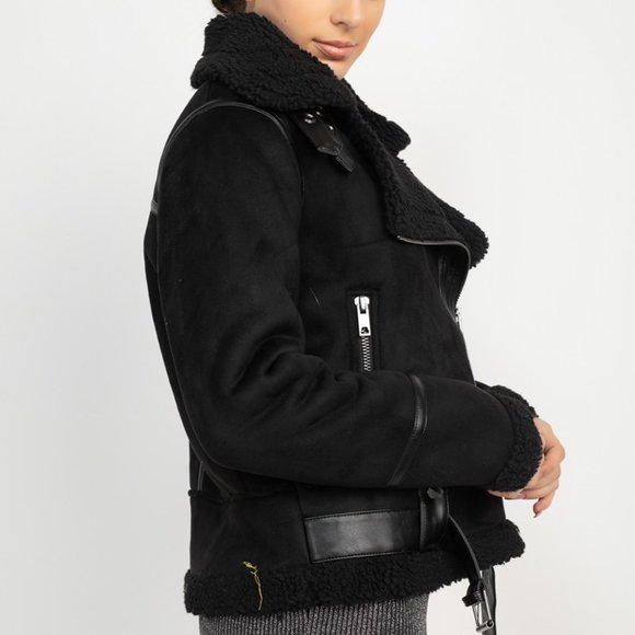 💥Shearling biker coat/ faux shearling trim - Picture 2 of 5